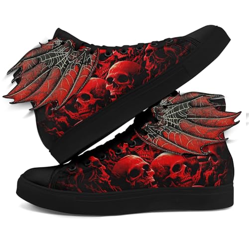 Men's Gothic Winged High-Top Canvas Sneakers Red Skull Leather Wings Fashion Unisex Halloween Punk Style Walking Shoes