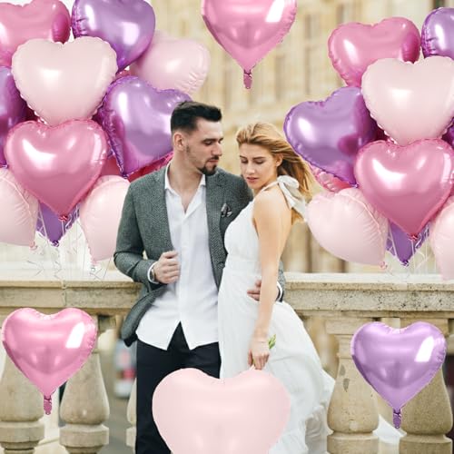 Image of Pink Purple Heart Balloons, 10 Pcs Light Pink and Purple Heart Shaped Balloon, 18 Inch Pastel Foil Balloons for Girls Women Butterfly Brithday Bridal Baby Shower Wedding Valentines Party Decoration