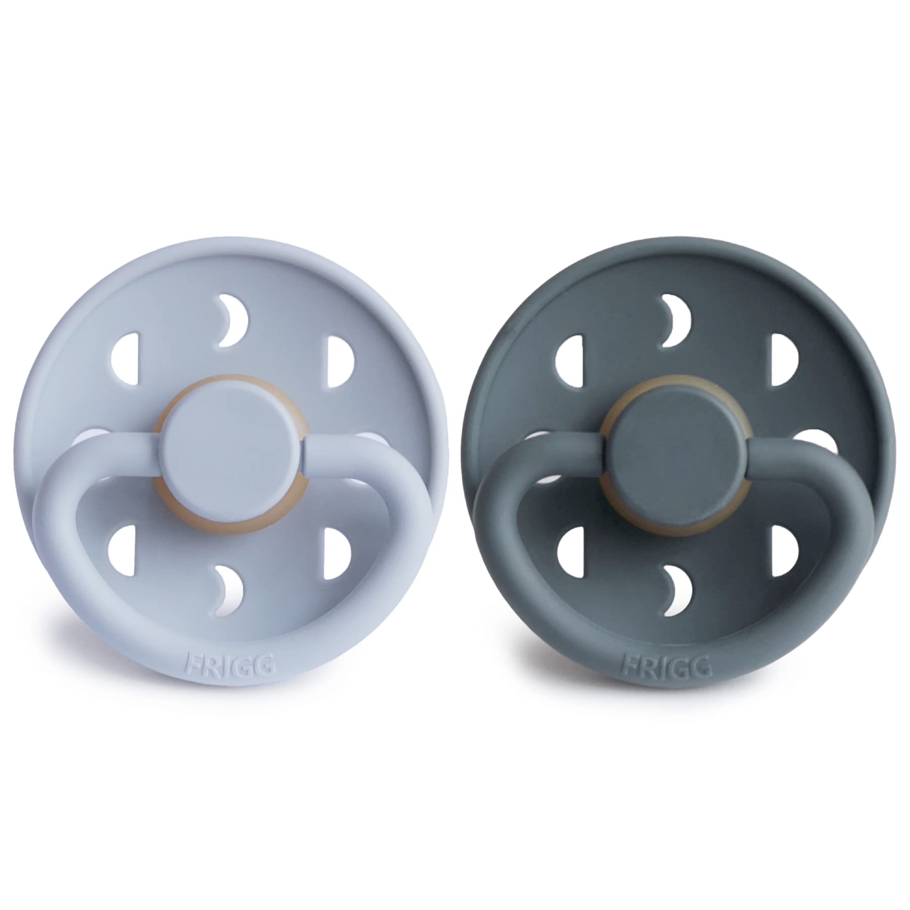 FRIGG Moon Phase Latex Pacifier | 2-Pack | Moon Natural Rubber Soother | Cherry Shaped Nipple | BPA Free | Made in Denmark | Latex Dummy Pacifier | Powder Blue/Slate - Size 2 (6-18 Months)