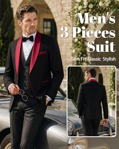 Image of MY'S Mens 3-Piece Suit Shawl Lapel One Button Tuxedo Winter Fabric Slim Fit Premium Dinner Jacket Vest Pants & Tie Set
