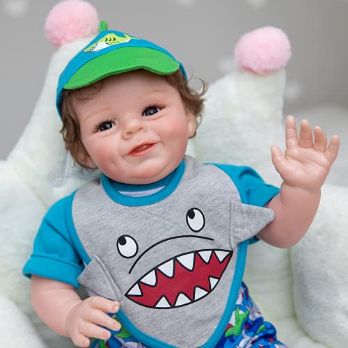 yuela 55CM Reborn Baby Boy Shaya Lächelnde Puppe Weicher Körper kuschelig Neugeborenes Baby Puppe Verwurzeltes Haar – Bild 5