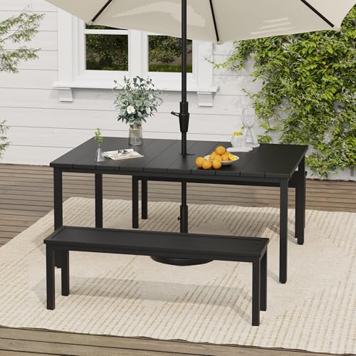 Image of VICLLAX Outdoor Table for 6, Metal Patio Dining Table with Umbrella Hole for Garden Lawn Deck Backyard, Black Tabletop