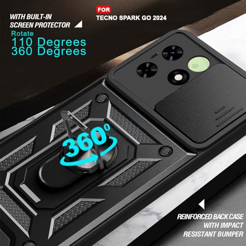 Image of AESTMO Tough Armor Tecno Spark Go 2024 Bumper Back Case Cover | Ring Holder & Sliding Camera Shield Cover | 360 Degree Protection Back Case Cover for Tecno Spark Go 2024 (Black)