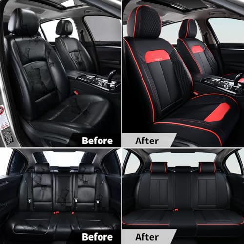 Image of FLORICH Front Seat Covers, Luxury Car Seat Cover with Waterproof Leather, Automotive Vehicle Seat Covers for Cars Trucks Vans SUVs Sedans (2 Packs, Black&Red Line)