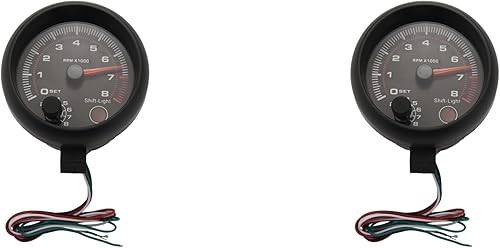 2 tacómetros universales de 3.75 pulgadas, 12 V, retroiluminado, LED, color blanco, con luz de cambio roja para coche de gasolina, 0-8000 RPM