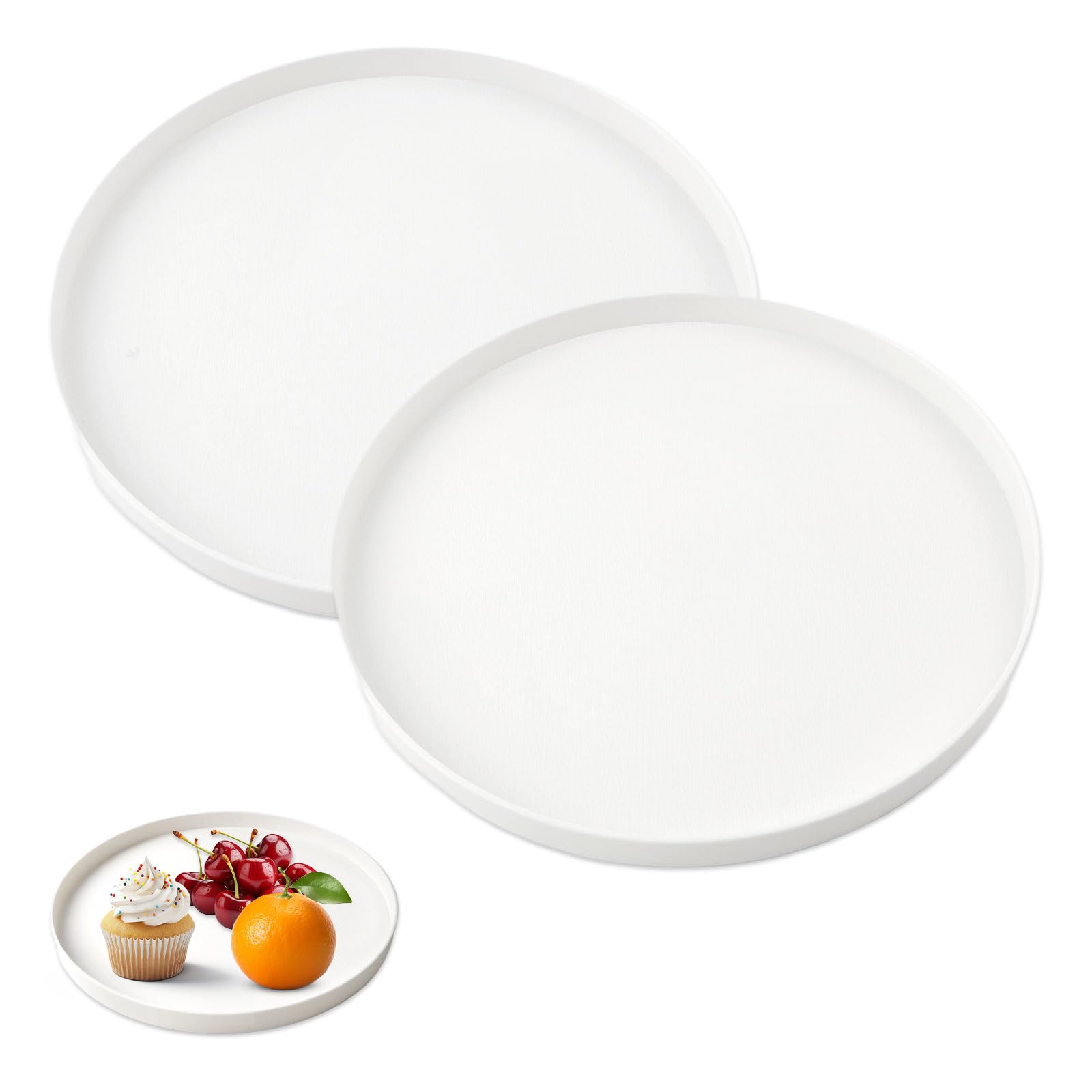 Luckwaii Round Tray Decorative 30 cm with 3 Raised Edges, 2 Pcs Plastic Food Serving Trays Display Candle Plate for Home Kitchen and Bathroom Coffee Table Decor (White)