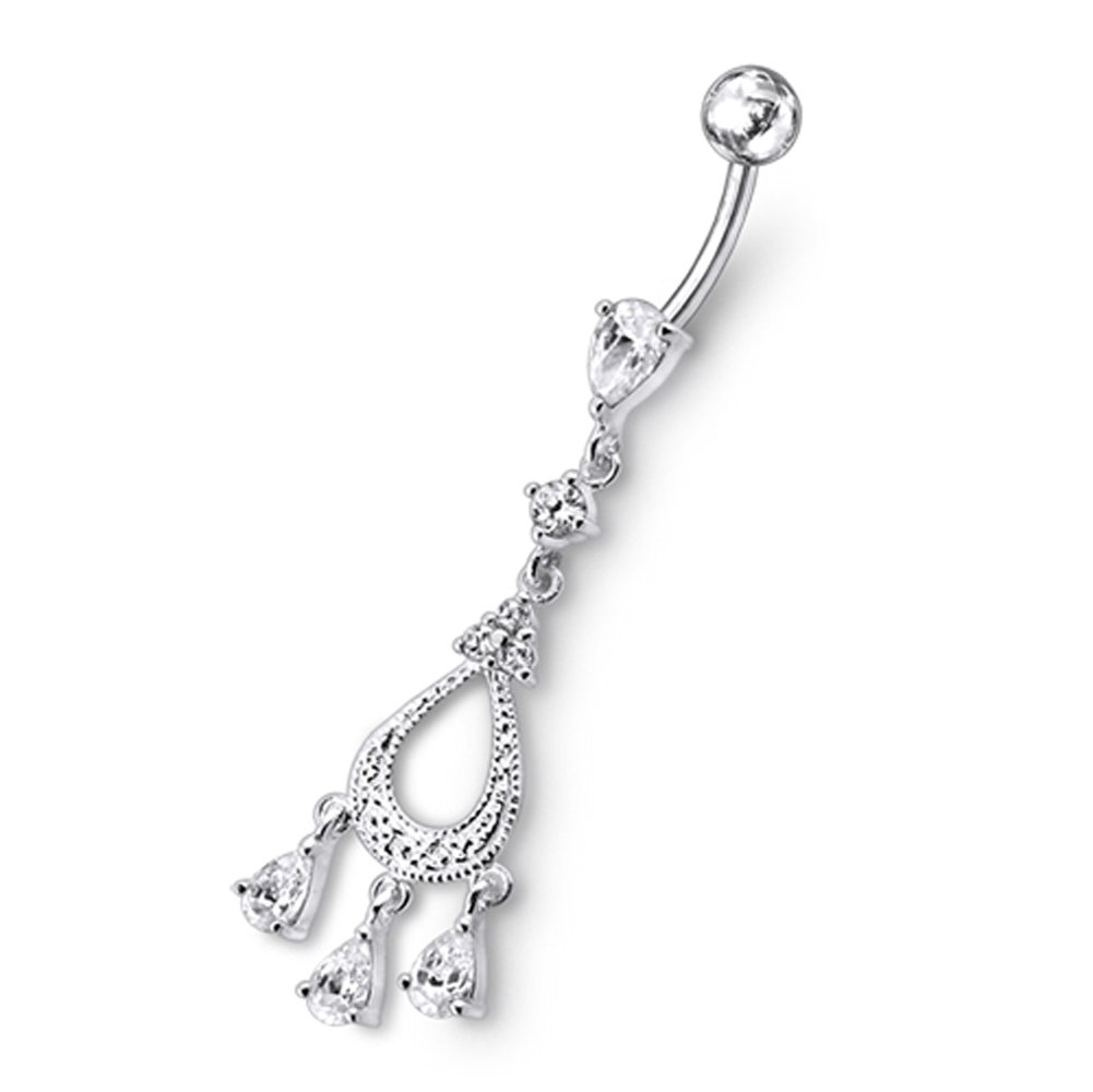 Dangling Teardrop Gems Sterling Silver 316L Surgical Steel Banana Belly Ring