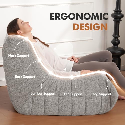 Image of Bean Bag Chair Big Sofa Beanbag Chair for Adults Fireside Chair Bean Bag Lounger with Memory Foam Filled for Home,Apartment or Gaming Venue(Lightgrey Teddy Single)