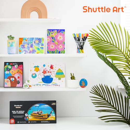 Image of Shuttle Art 28 Colors Dual Tip Acrylic Paint Markers, Brush Tip and Dot Tip Acrylic Paint Pens for Rock, Ceramic, Wood, Canvas, Plastic, Glass, Stone, Calligraphy, Card Making, DIY Football Crafts