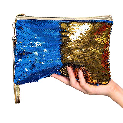 Brishow Envelope Type Travel Makeup Bag Portable Clutch Toiletry Bag Cosmetic Makeup Case Mermaid Sequins Organizer Bag with Zipper for Women and Girls (Dark Blue+Gold)