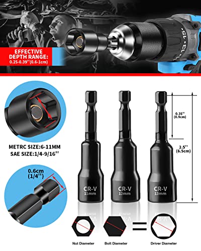 Hex Socket Set 1/4 Nut Driver Magnetic Quick-Change Hex Bit Socket Set 15 Pieces Metric Sae Impact Driver Bit Set 6Mm-14Mm & 1/4-9/16 Nut Drivers #TOP6