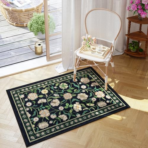 Moynesa Floral Rugs for Entryway, 2x3 Non-Slip Washable Kitchen Rug with Rubber Backing, Ultra-Thin Boho Small Black Indoor Welcome Door Throw Mat for Entry Bathroom Bedroom