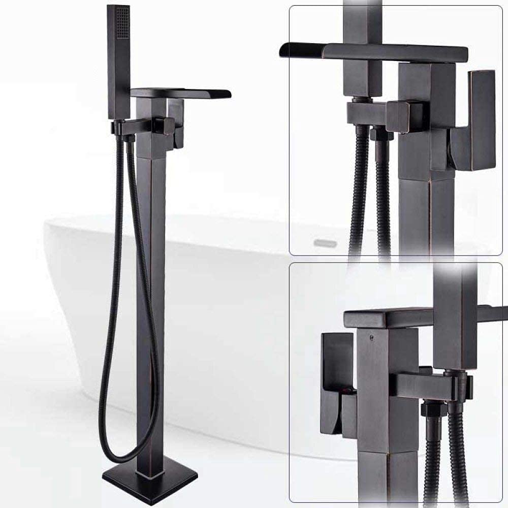 OZBMA Bathtub faucet Floor Mounted Waterfall Spout Tub Mixer Faucet Black Bronze Bathroom Bath Shower Set with Handshower Freestanding Tap,Black Tap