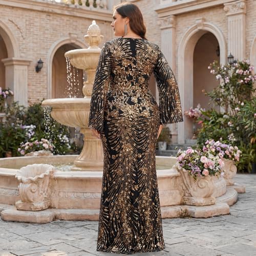 Image of Plus Size Formal Dresses for Women with Embroidery Sequin and Cape Sleeve, V-Neck Maxi Dress for Wedding and Party