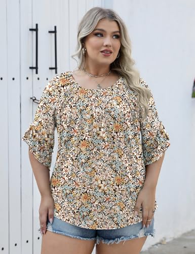 Image of Micoson Womens Plus Size Tops 3 /4 Ruffle Sleeve Crewneck Pleated Shirts