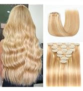 Mocona Clip in Hair Extensions Real Human Hair, 18 Inch 7pcs 150g/Pack - Dirty Blonde to Bleach B...