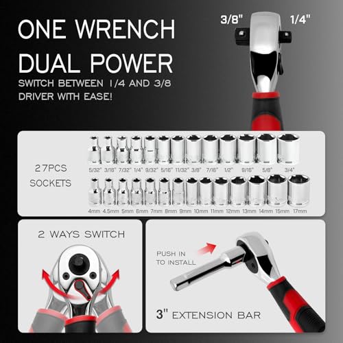 Image of ironcube 53-Piece Socket Ratchet Wrench Set, with 20-In-1 Ratcheting Screwdriver & 2-in-1 Adjustable Wrench for Garage, Auto Repair, Household Backyard & College Dorm