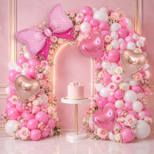 Image of Party Propz Bow Balloons Decoration Set - 26 Pcs Pink And White Balloons For Decoration's | Bow Theme Decorations Birthday | Heart Foil Balloon Decorations (latex)