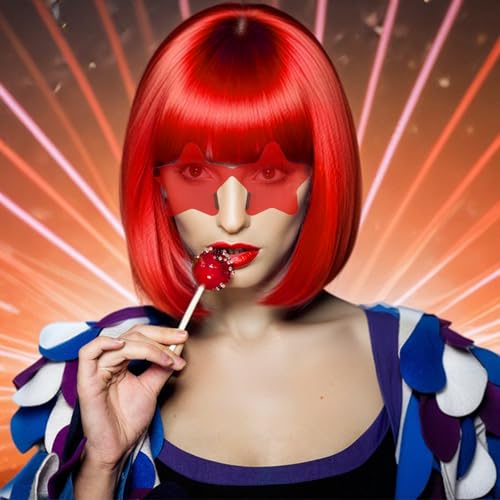 anogol hair cap  sunglasses red bob wig with bangs womens red party wigs with star shape sunglasses short neon wig daily party outfit fun wigs women halloween costume night club bachelorette hair