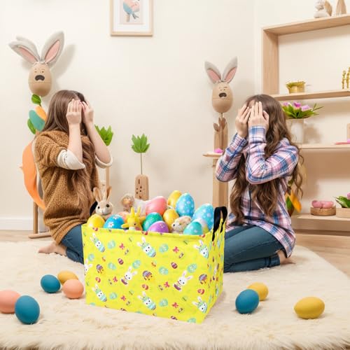 Image of Large Empty Easter Basket for Kid Yellow Fabric Personalized Bunny Eggs Easter Gift Basket for Boy and Girl (Rabbit Chicken)