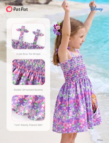 Image of Disney Princess Frozen Elsa Minnie Stitch Toddler Girl Dress Bow Tie Straps Smocked Summer Outfit Birthday Party Clothes 2-9Y