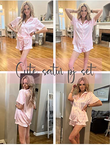 Image of HOTOUCH Womens Satin Pajamas Set Button Down 2 Piece Silk Pjs Shorts Set Ruffle Lingerie Notch Collar Sleepwear