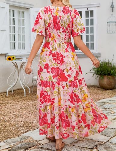 Image of ZESICA Women's 2026 Summer Boho Floral Maxi Dresses Casual Short Flutter Sleeve Smocked Tiered Flowy Dress