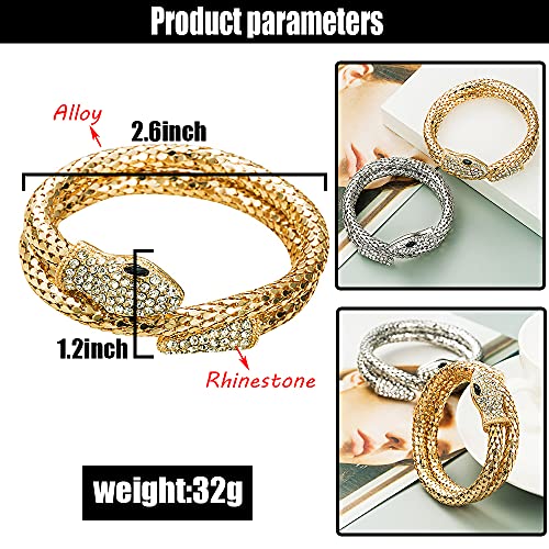 Punk Hip Hop Popular Crystal Curved Stretch Snake Bracelet Adjustable Intertwine Gothic Cool Rhinestone Animal Cuff Bangle Bracelet For Women Ladies Wristband Jewelry Accessories (Gold) #TOP3