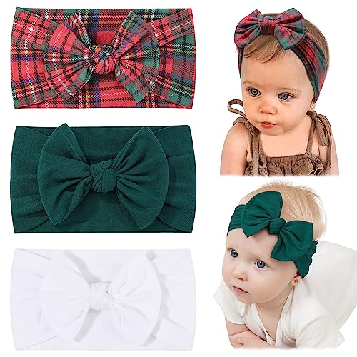 jollybows 3 x Baby-Nylon-Stirnbänder für Weihnachten, Haarschleife, elastische Haarschleife für Babys, Mädchen, Neugeborene, Kleinkinder, Kinder (10 x weiß + grün + kariert, 3 Stück (1 Stück)