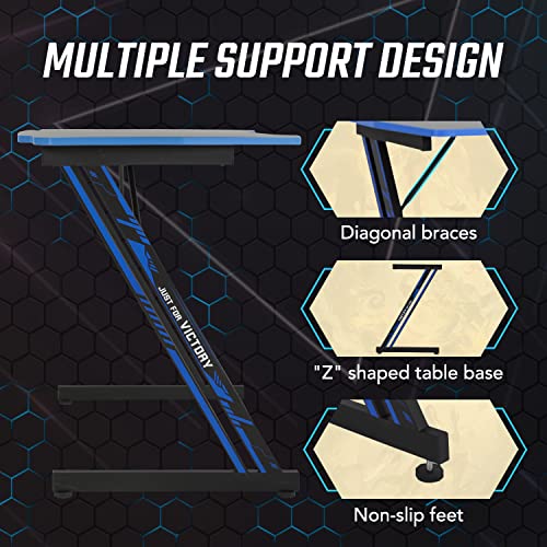 Image of BestOffice Gmaing Desk Z Shaped 39.4in Computer Gaming Workstation Ergonomic Gaming Table with Headphone Hook for Game Players, Blue