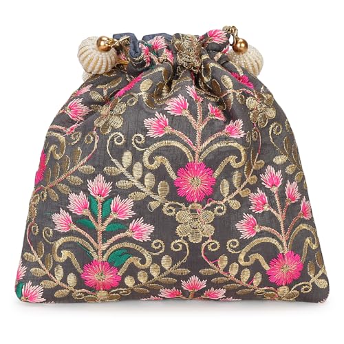Image of LONGING TO BUY Indian Embroidered Pearl Potli Bag For Women, Sequence Design with Tassel, Wedding Potli Bags