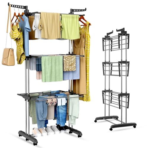 AIBULO 3-Tier Clothes Drying Rack Black – Foldable Adjustable Airer with Side Wings | Heavy Duty Indoor Outdoor Laundry Hanger Stand | Portable Clothes Horse | Self Assemble