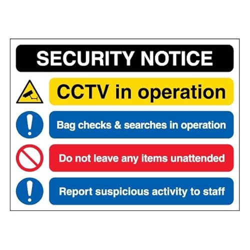 V Safety Security Notice - CCTV/Bag Checks & Searches/Unattended Items - Landscape 400 x 300 mm - 1mm Rigid Plastic Safety Sign