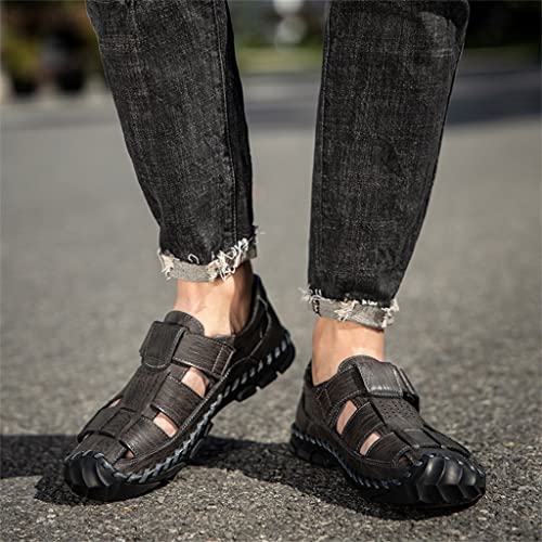 Sandals Men Breathable Leather Casual Shoes Men's Sandal Leisure Flats Retro Beach Shoe(46)3