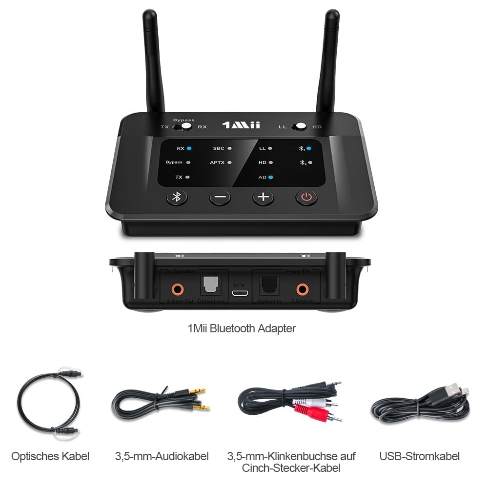 1Mii B03 Bluetooth 5.3 Transmitter & Empfänger für TV & Stereoanlage, aptX Adaptive/HD/Low Latency, Drahtloser Audioadapter mit Großer Reichweite, unterstützt 2 Kopfhörer, Optischer/AUX/RCA Anschluss