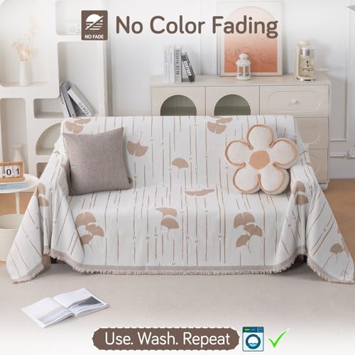 Image of HOKIPO 320 GSM Chenille Sofa Throw Blanket for 3 Seater Sofa - Printed All-Season Sofa Cover, 'Serene Abode Series' Beige Ginkgo Lines (180x310 cm) (AR-6633-D2)
