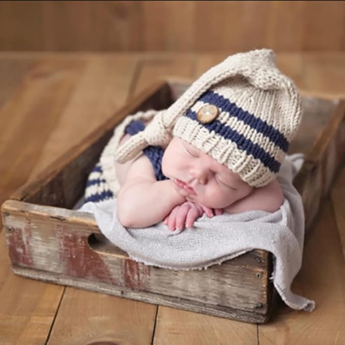 Image of BabyMoon Set of 2 | Knitted Suspender with Cap Hat | Photography Props Costume | Gift Set | 0-6 Months | Blue