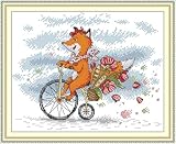 Gofission Kreuzstich-Set für Erwachsene, Anfänger, kleiner Fuchs auf einem Fahrrad, vorgedrucktes Kreuzstich-Stickset mit Zubehör, Wanddekoration, 37 x 28 cm (Fuchs)