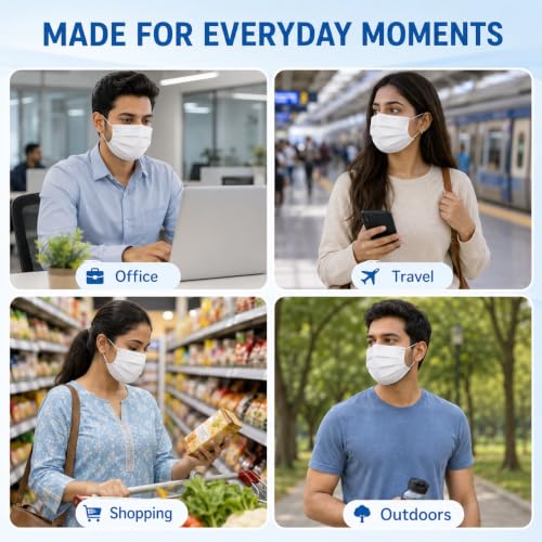 Image of Pack of 100 Disposable 3-Ply Face Mask | Soft on Skin | With Elastic Earloops and Nose Clip | Great For Office, School, Home, Kitchen and Outdoors | Unisex