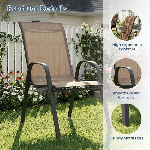 Image of DIFY Patio Chairs Set of 6, Stackable Outdoor Dining Chairs Set with Breathable Textilene High Back and All-Weather Metal Frame for Garden, Backyard, Deck, Brwon