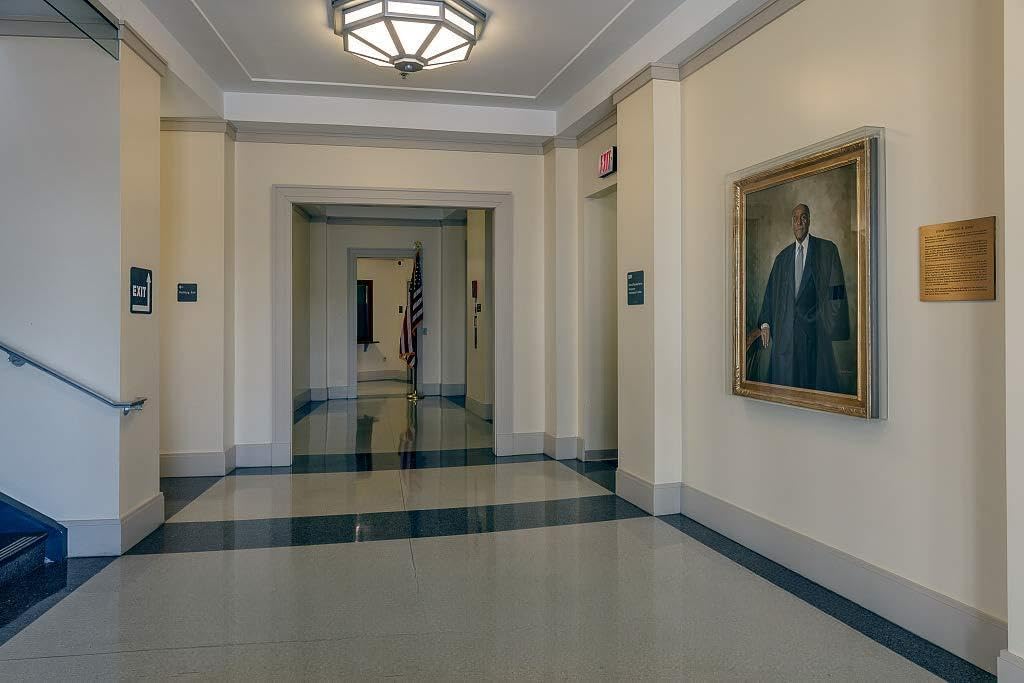 Historic Pictoric Photo - Interior Lobby with Oil Painting of Nathaniel R. Jones in The Nathaniel R. Jones Federal Building in Youngstown, Ohio- Fine Art Photo Reporduction 36in x 24in