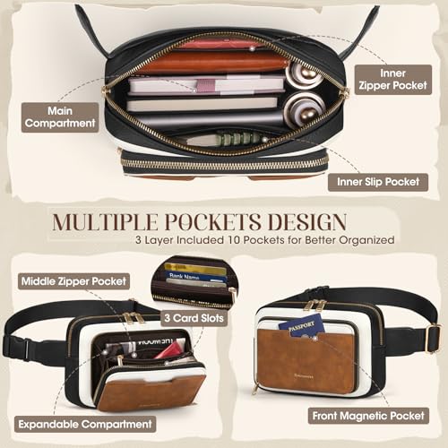 Image of RAINSMORE Fanny Packs for Women, Leather Belt Bag Waterproof Everywhere Crossbody Waist Pack with Adjustable Strap Retro Sling Chest Bag for Work Running Travel Party, Black and Brown with White