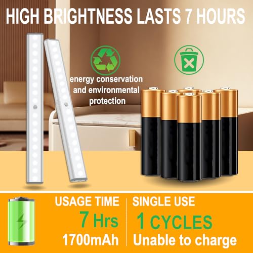 Image of 2PC 12-inch Under Cabinet Lighting with Motion Sensor,USB Rechargeable LED Closet Light 1700mAh Rechargeable Battery, Aluminum Shell for Long-Lasting 7-Hour Lllumination