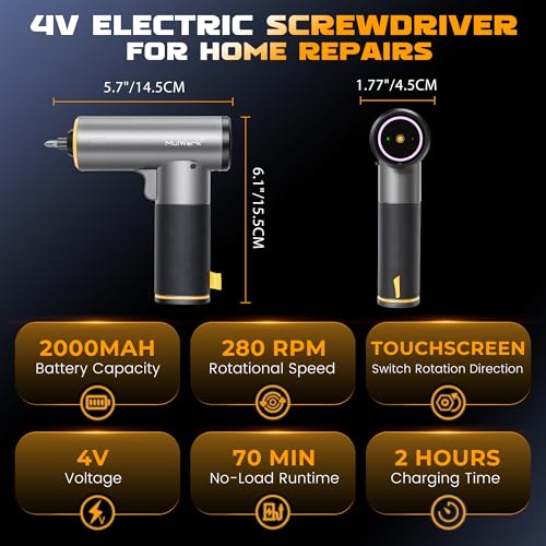 Image of MulWark Electric Screwdriver Set, 4V Cordless Screwdriver with 46 Precision Driver Bit Set, 2000mAh Electric & Manual Powered Screwdriver with Touchscreen for Home Improvement, DIY Projects