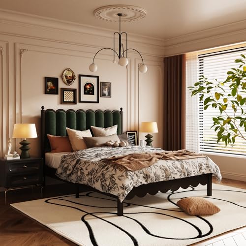 Wood Queen Size Bed Frame, Velvet Platform Bed with 55