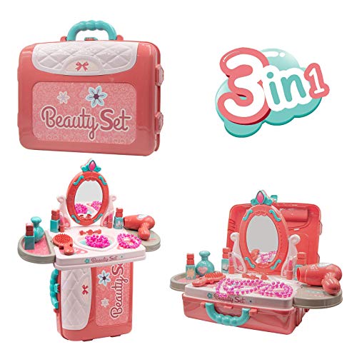 QEQEQE Kids Makeup Kit for Girls Vanity Table with Mirror Pretend Play Makeup Toys Hair Dryer Jewellery Set Lipstick Beauty Accessories Children Dress Up Role Play Toy Gift for 3 Up Year Olds Girls