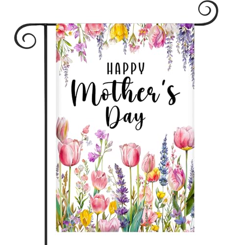 Happy Mothers Day Garden Flag 12 x 18 Inch Double Sided Holiday Floral Garden Flag for Outside Home Party Porch Yard Decorations