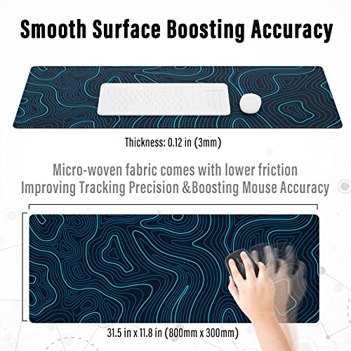 Ovenbird Gaming Mouse Pad with Stitched Edges, Topographic Map Blue Extended XL Mousepad with Anti-Slip Base, Cool Large Mouse Pad for Desk, 31.5 x 11.8 in, Blue
