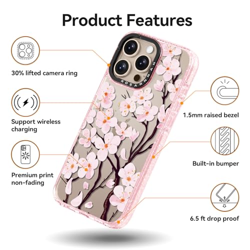 Coque iPhone 16 Pro antichoc Rosarnnah rose pailleté contre les chutes de 2m - 4