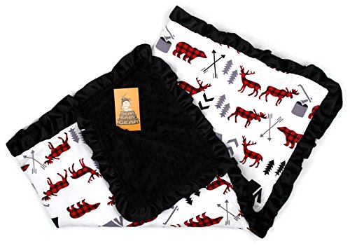 Image of Dear Baby Gear Baby Blankets, Woodland Adventure Bear Moose Lumberjack Plaid, Minky Black, 32 Inches by 32 Inches